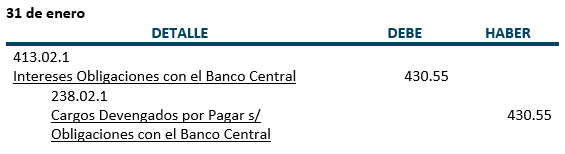 Ejercicio 2 - Registros Contables, intereses que debemos al Banco Central  - Prestamos con recursos del Banco Central y otras instituciones financieras