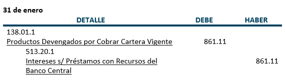 Ejercicio 2 - Registros Contables, intereses que nos debe la cooperativa santa cruz  - Prestamos con recursos del Banco Central y otras instituciones financieras