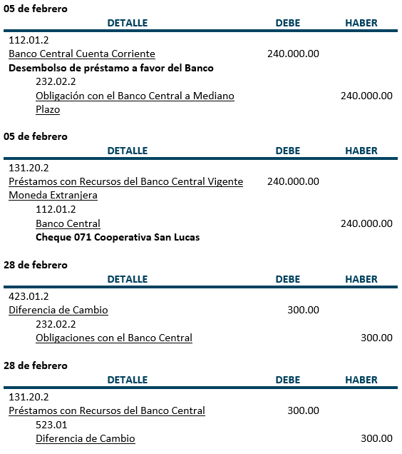 Ejercicio 1 - Registros Diario - Prestamos con recursos del Banco Central - Moneda extranjera - Contabilidad Bancaria