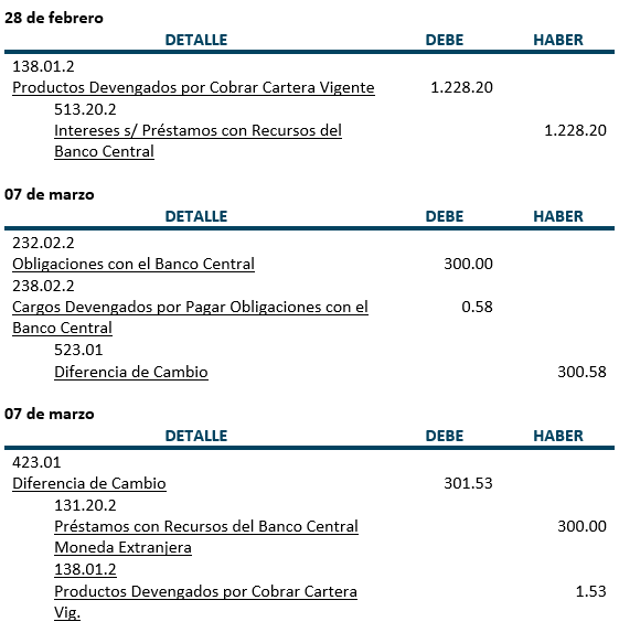 Ejercicio 3 - Registros Diario, intereses que nos debe la cooperativa - Prestamos con recursos del Banco Central - Moneda extranjera - Contabilidad Bancaria